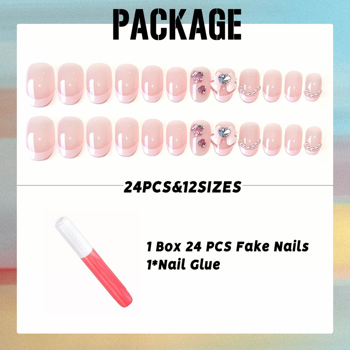 IMSOHOT Oval Press on Nails Pink Short Fake Nails French Tips Acrylic False Nails with Bow Tie Charms Designs Rhinestone Pearl Full Cover Glue on Nails for Women and Girls 24Pcs