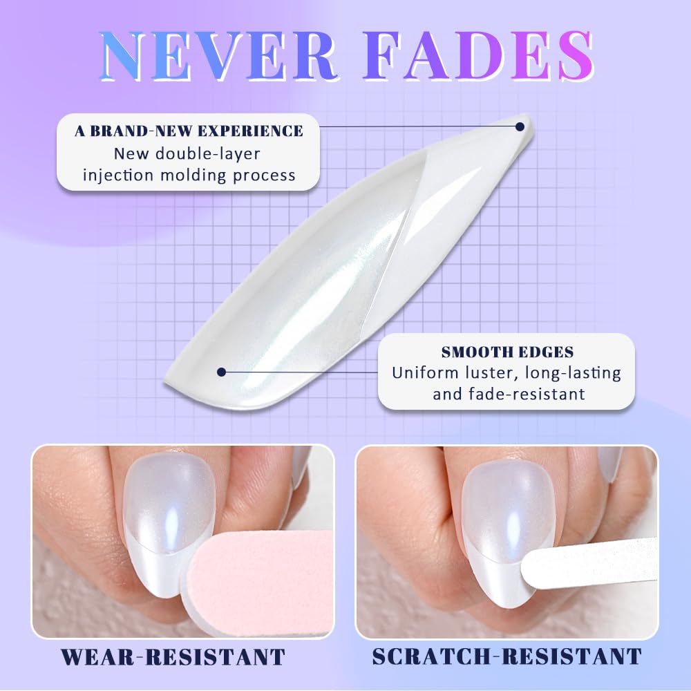 evpct Pearl Cat Eye French Tip Press on Nails Almond Medium No Glue, White French Tip Medium Almond Holographic Stick on Nails for Women, Reusable Full Cover Soft Press on Nail Perfectly with Design