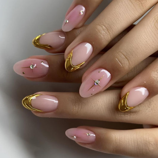 LBPEPAMZ 24Pcs Pink Press on Nails Short Almond Fake Nails with 3D Rhinestones Design Embossed Gold French Tip Acrylic False Nails Ombre Full Cover Glossy Glue on Nails for Women Daily Manicure Decor