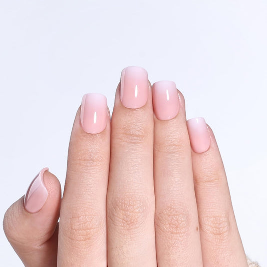 Ombre Press On Nails - Short Square Light Pink Press on Nails, Glossy Nails Press Ons for Women, Reusable Fake Nails Kit with Glue, 30 Pieces in 15 Sizes