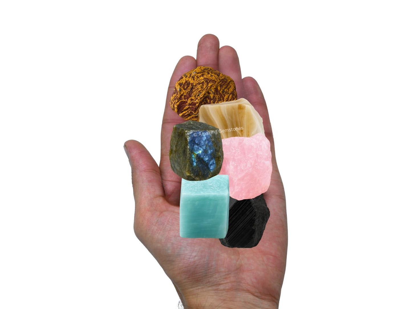 Amazing Gemstone Crystals for Mood Lifting Manifestation, Set of 6 Labradorite, Amazonite, Mariyam Jasper, Rose Quartz, Black Tourmaline and Lace Agate Healing Crystals and Stones