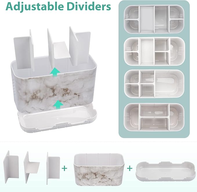 Boperzi Electric Toothbrush Holder for Bathroom Organizer Countertop, Detachable Anti-Slip Toothpaste Storage Caddy 6 Slots White Marble with Drainage Holes for Makeup Brush Razor Stand