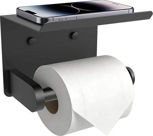 SetSail Toilet Paper Holder with Shelf Adhesive or Screw Bathroom Toilet Paper Roll Holders Wall Mount Matte Black Tissue Holder for Bathroom Hardware Accessories