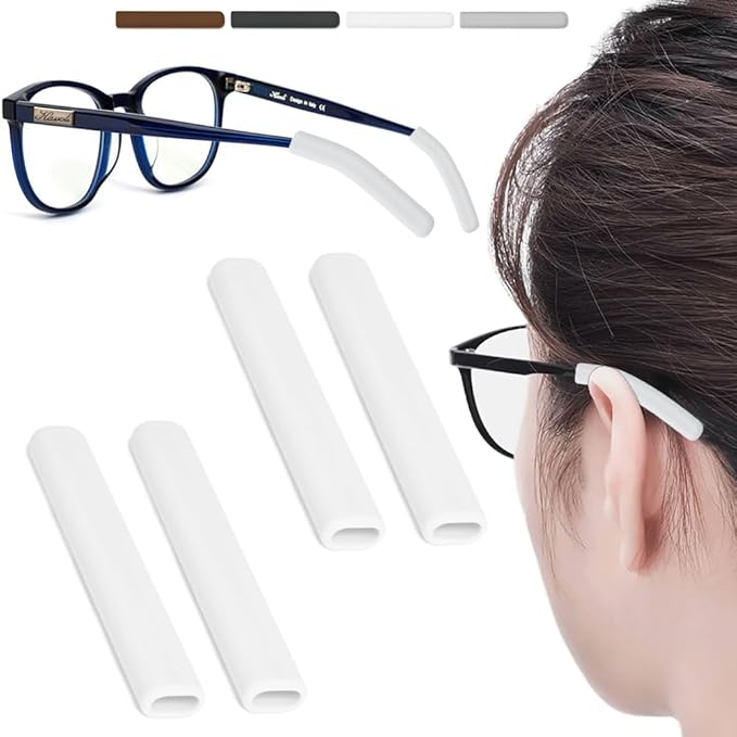 2 Pairs Silicone Glasses Ear Cushion, Eye Glasses Ear Grippers Anti Slip, Rubber Ear Pieces Non Slip, Soft Eyeglass Ear Cushions for Pain, Temple Sleeves Tips Ear Pads for Preventer (White)