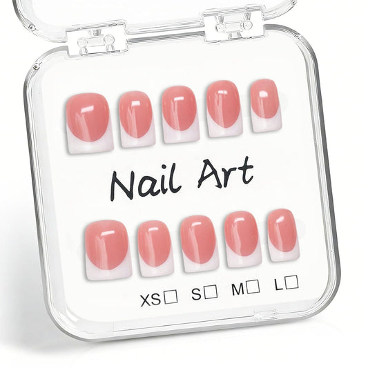 Handmade Press on Nails Thick Solid Color Short Square Fake Nails Muti-Layer Gel Acrylic Nail White French Tip False Nails with Pure Color Designs Glossy Stick on Nail for Women (M)