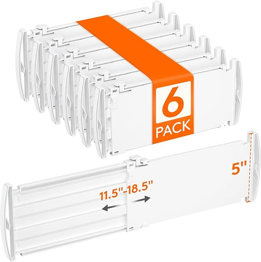Lifewit 6 Pack 5" High Drawer Dividers for Clothes, 11.5"-18.5" Expandable Dresser Drawer Organizers, Adjustable White Plastic Separators for Kitchen, Cabinet, Nursery, Socks & Underwear Storage