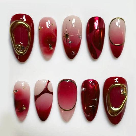24Pcs Deep red Press on Nails Medium Almond Fake Nails with 3D Texture Gold Design French Nails Gold Star Bead Stick on Nails Y2K Golden Line Ombre False Nails Punk Artificial Glue on Nails for Women