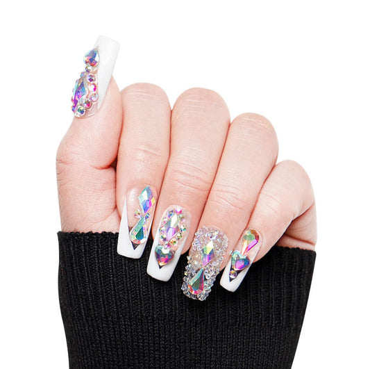 LOVFUL Reusable Press on Nails | Aurora Light | Salon Quality Sustainable Style Handmade with Full Covered Crystals | Square Regular 1.0 in | H36-M