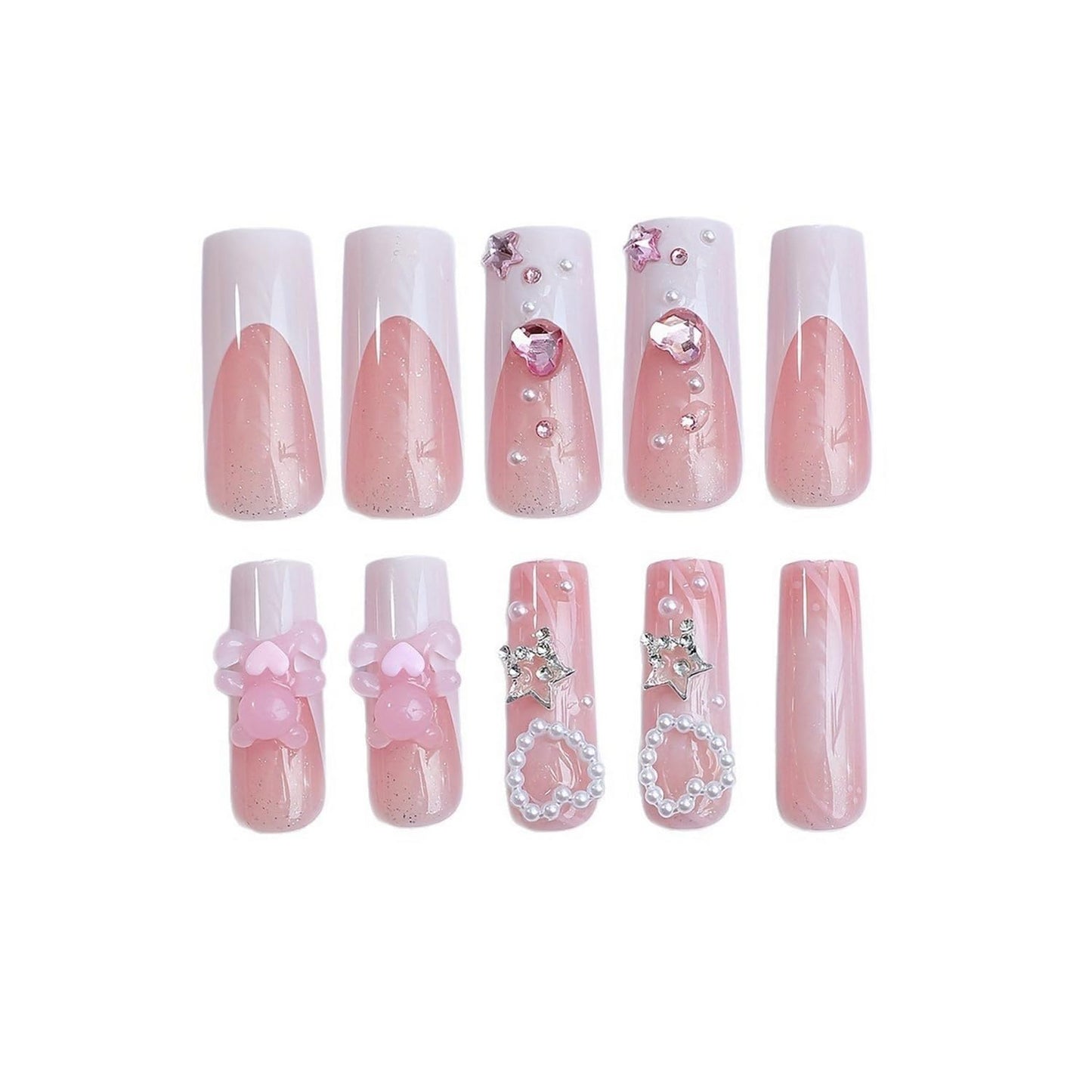 Extra Long Coffin Shaped Press on Nails White French Tip Fake Nails with 3D Bow Bear Star Charm and Pearl Designs Glitter Acrylic Nails Cuter False Nail for Women Nail Art DIY 24 Pcs