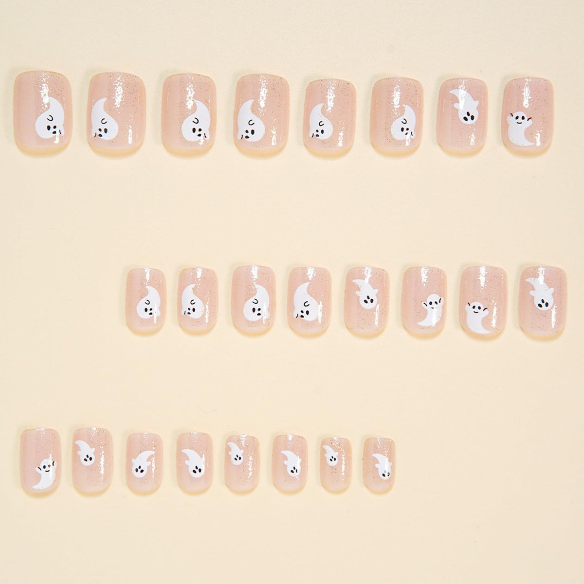 24Pcs Halloween Press on Nail Short Square Fake Nails Ghost Glue on Nails with designs Acrylic Stick on Nail Full Cover Glitter False Nails Cute Press ones for Women Kids Halloween Party Gift