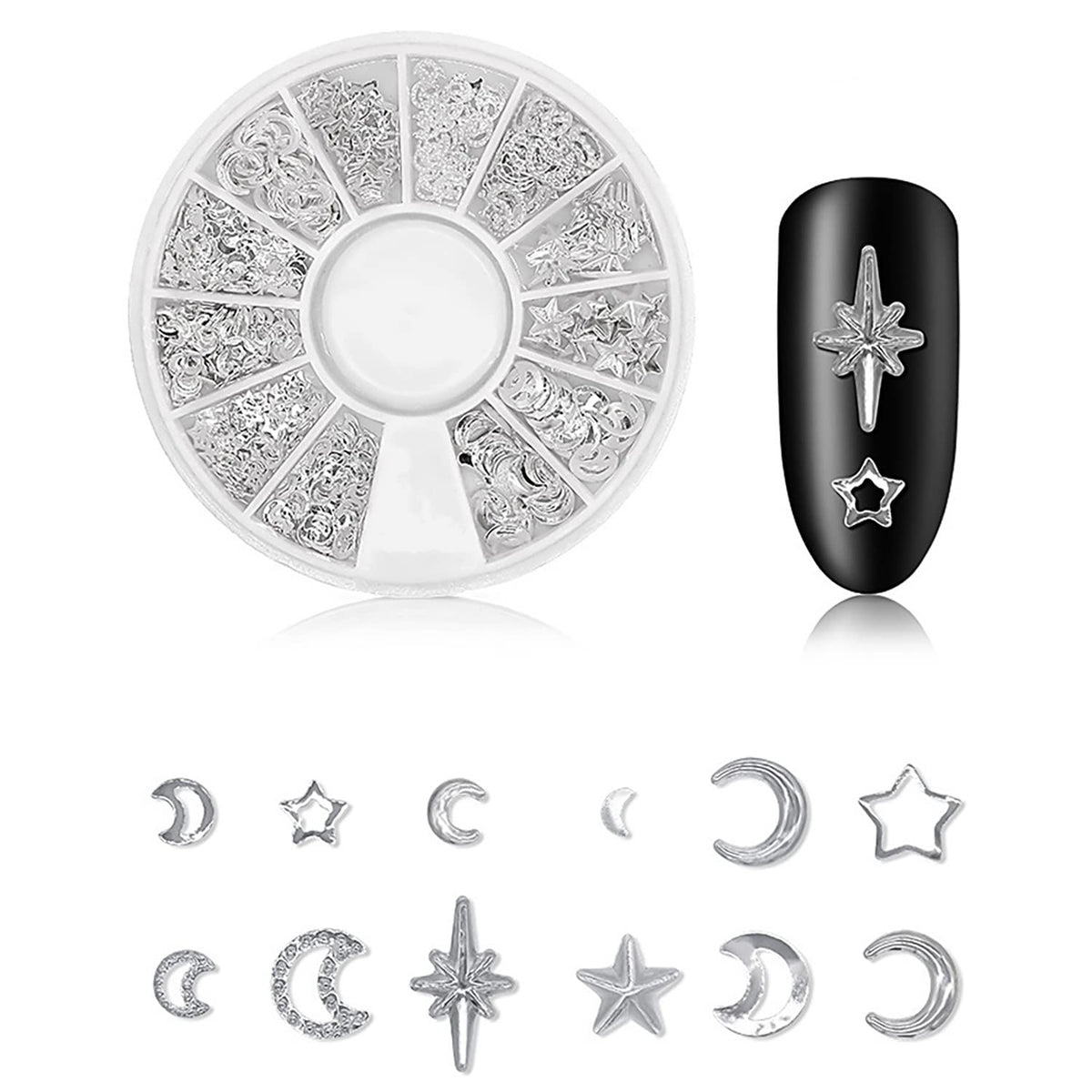 DANNEASY 3D Nail Charms Nail Jewels Silver Nail Art Charms Charms for Nails Metal Nail Studs Nail Jewelry for Acrylic Nails DIY Craft Nail Decoration (6 Boxes)