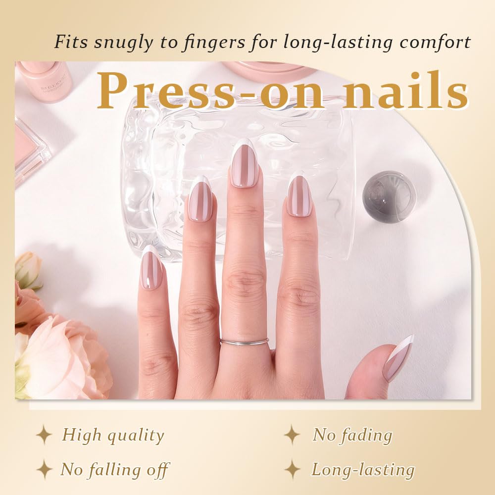 evpct French Tip Press On Nails Short Almond, Mauve Taupe + White Tips, Chrome Glazed Glossy Short Almond Fake False Press on Nails, Reusable Gel Stick on nail Press ons Nail Kits, Salon Quality