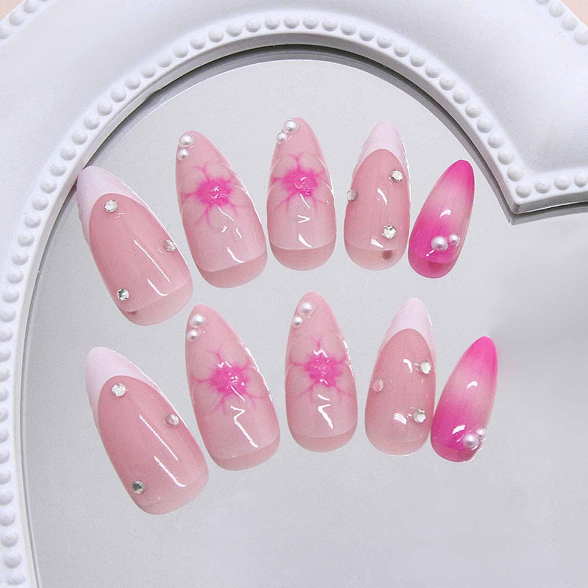 IMRAIN Press on Nails Medium Almond Fake Nails White French Tip False Nails with Hawaii Flower Designs Glossy Acrylic Reusable Summer Pink Stick on Nails for Women Nail Art