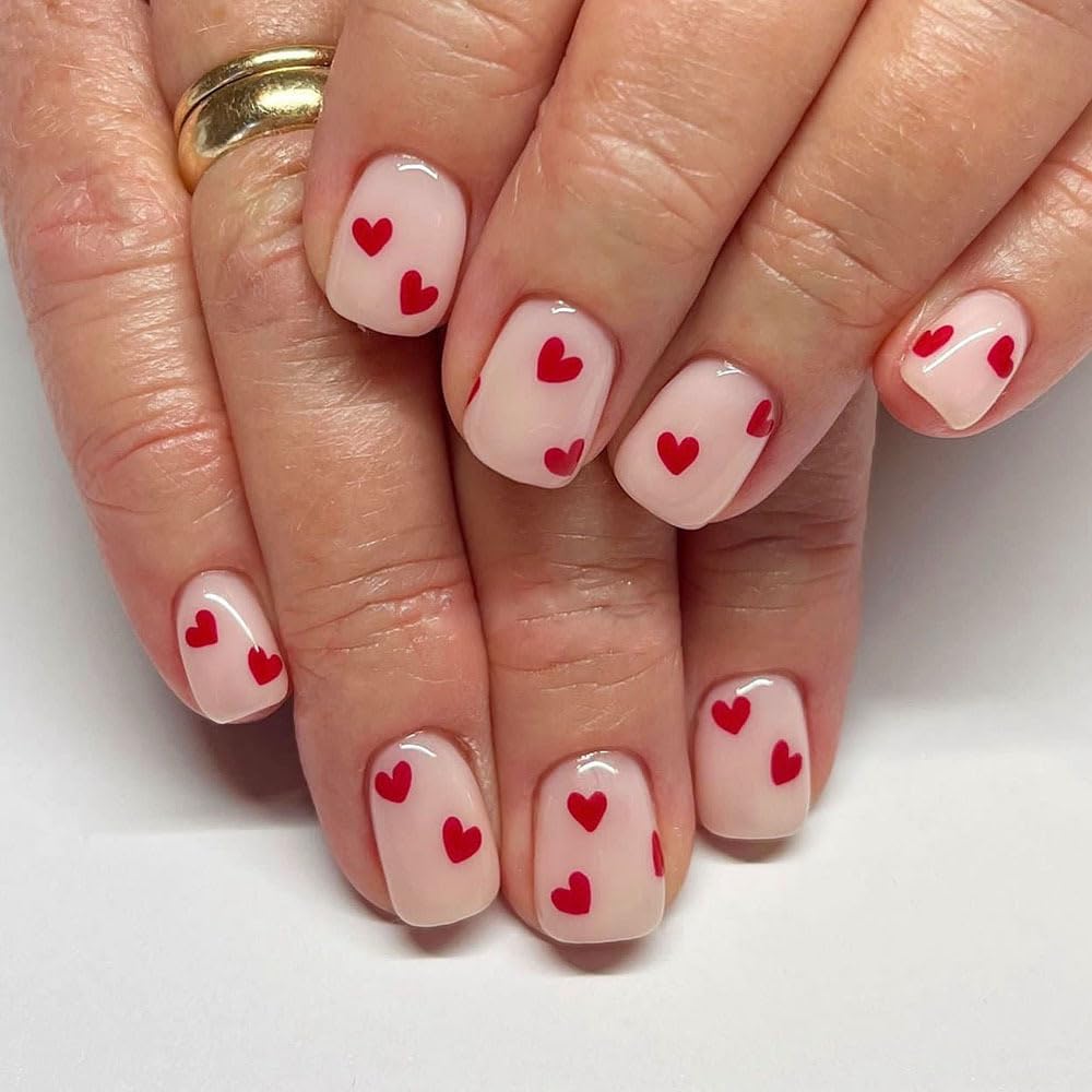 CEWEWP 24Pcs Valentines Press on Nails Short Square Red Heart Fake Nails with Design Valentines Day Glue on Nail Acrylic Nails White False Nails Full Cover Stick on Nail for Women Girls