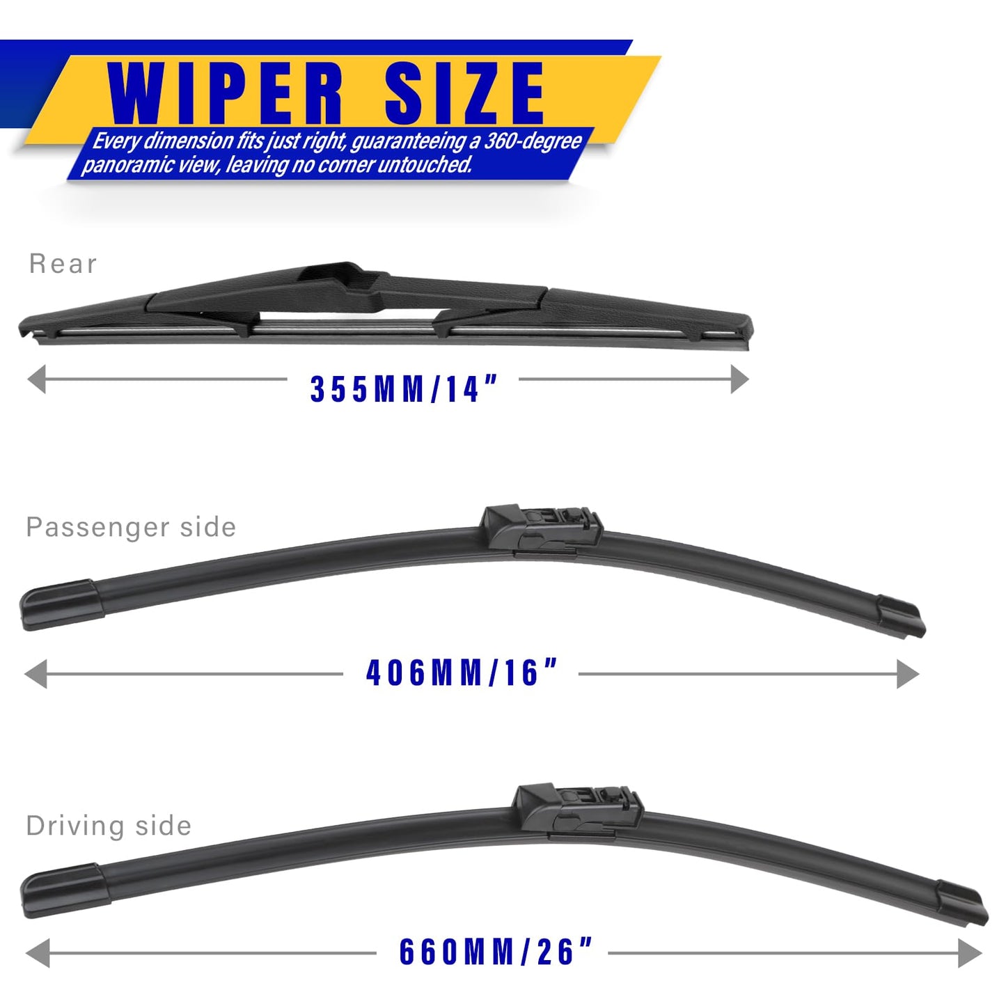 3 wipers Replacement for 2016-2021 2022 2023 Toyota CHR, Windshield Wiper Blades Original Equipment Replacement - 26"/16"/14" (Set of 3)