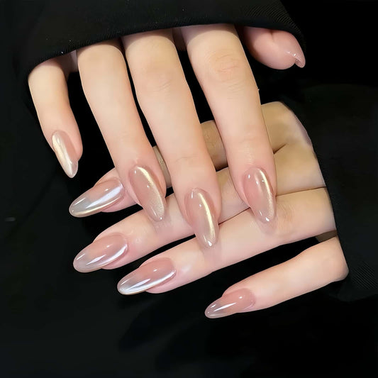 Valentine Press on nails Medium Almond Fake Nails Pink Full Cover Glossy Pure Glossy Acrylic Nails Glue on Nails Cat Eye Light Gel Nail Artificial False Nails Removable Stick on Nails for Women 24 Pcs