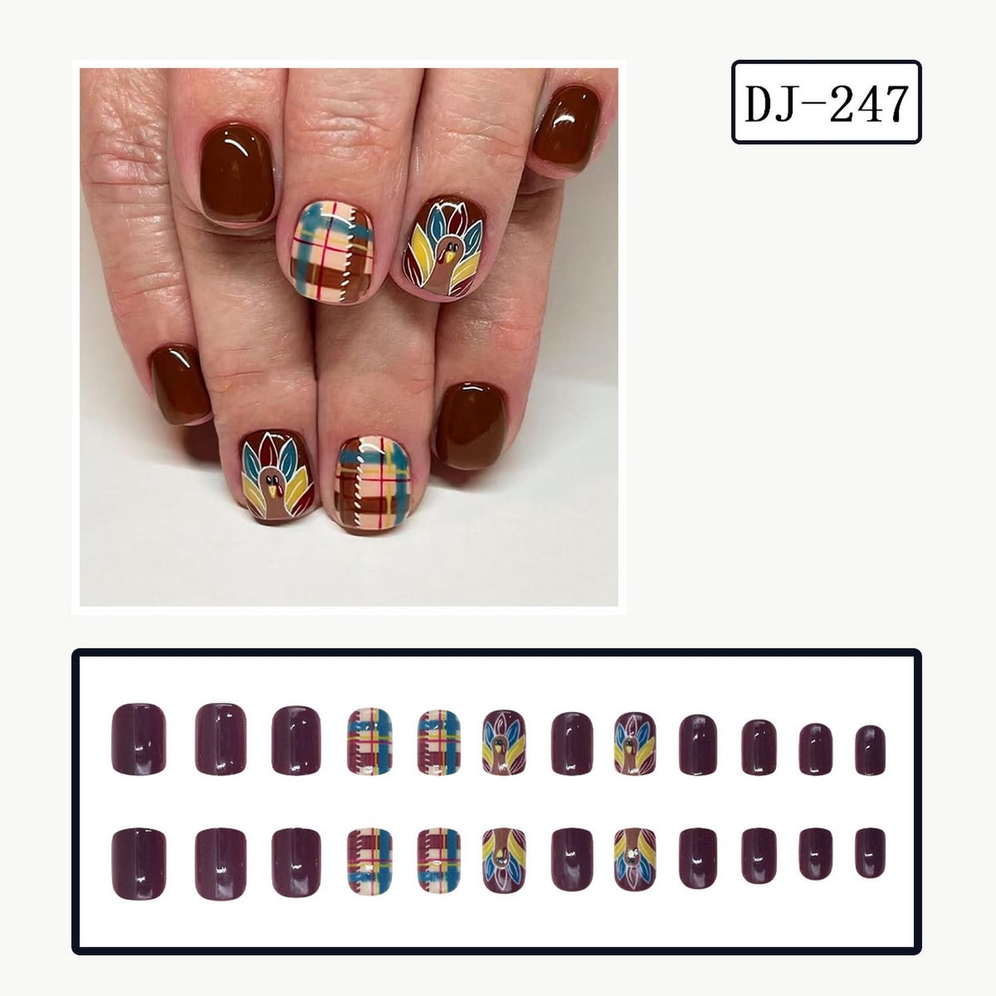 24pcs Thanksgiving Press on Nails Short Square Fake Nails Full Cover Brown False Nails with Stripe Grid designs Turkey Fall Glue on Nails Glossy Reusable Cute Acrylic Press ones for Women Girls Autumn