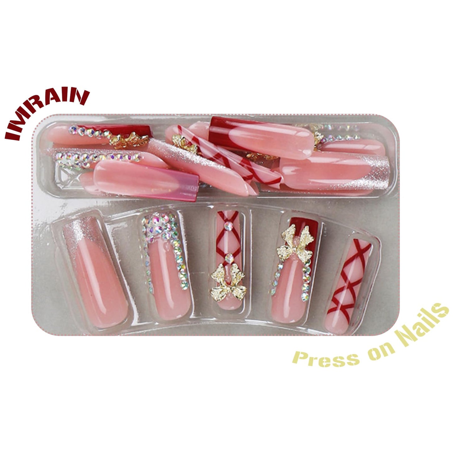IMRAIN Long Square Press on Nails Rhinestones French Tips Fake Nails with Golden Bow Charms Designs Red Acrylic Glossy False Nails Luxury Glue on Nails for Women Girls
