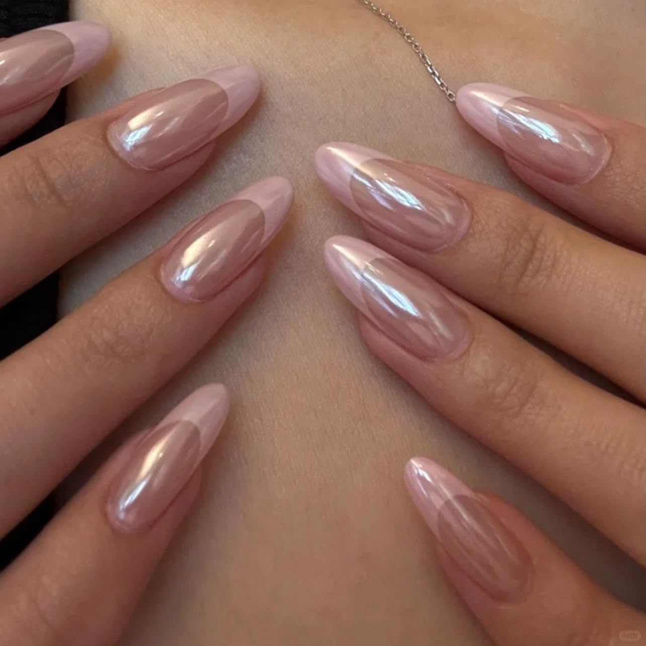 evpct French Tip Press On Nails Medium Almond No Glue, Nude Pink Tips, Chrome Glazed Glossy Medium Almond Fake False Press on Nails, Soft Stick on nail Press ons with Nail Kit, Reusable Salon-quality