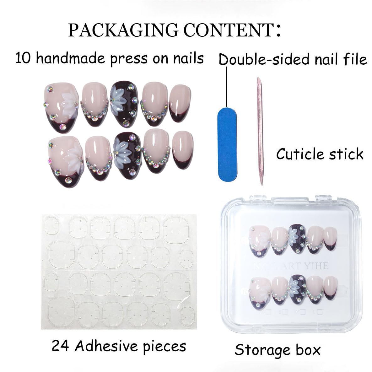 10 Pcs Short Almond Handmade Press On Nails | 3D Floral & Rhinestone French Tip False Nails | Reusable Easy Apply Salon-Quality Manicure for Women & Girls Daily & Party Wear (RR04, M)
