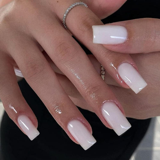 KQueenest Medium Long Press On Nails Coffin Nails Press Ons, Gloss Straight White Colored Long Fake Nails For Women, Solid Color Thick Gel Square Tip Nails Acrylic False Nails Set, 24 Pcs