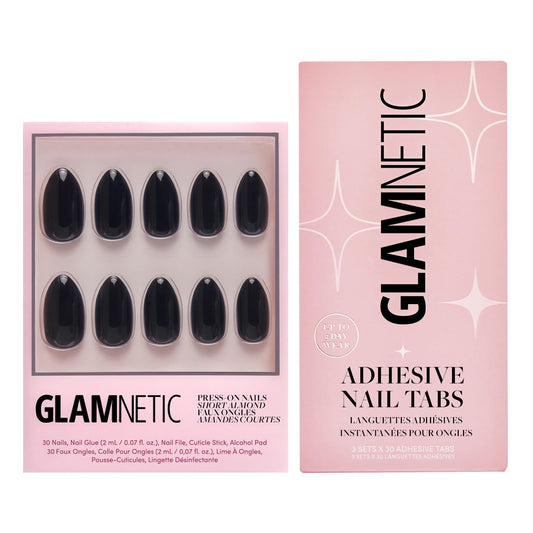 Glamnetic Press-On Nails & Adhesive Nail Tabs - Boba | Opaque Black Short Almond Nails, Reusable | 12 Sizes - 24 Nail Kit with Adhesive Tabs
