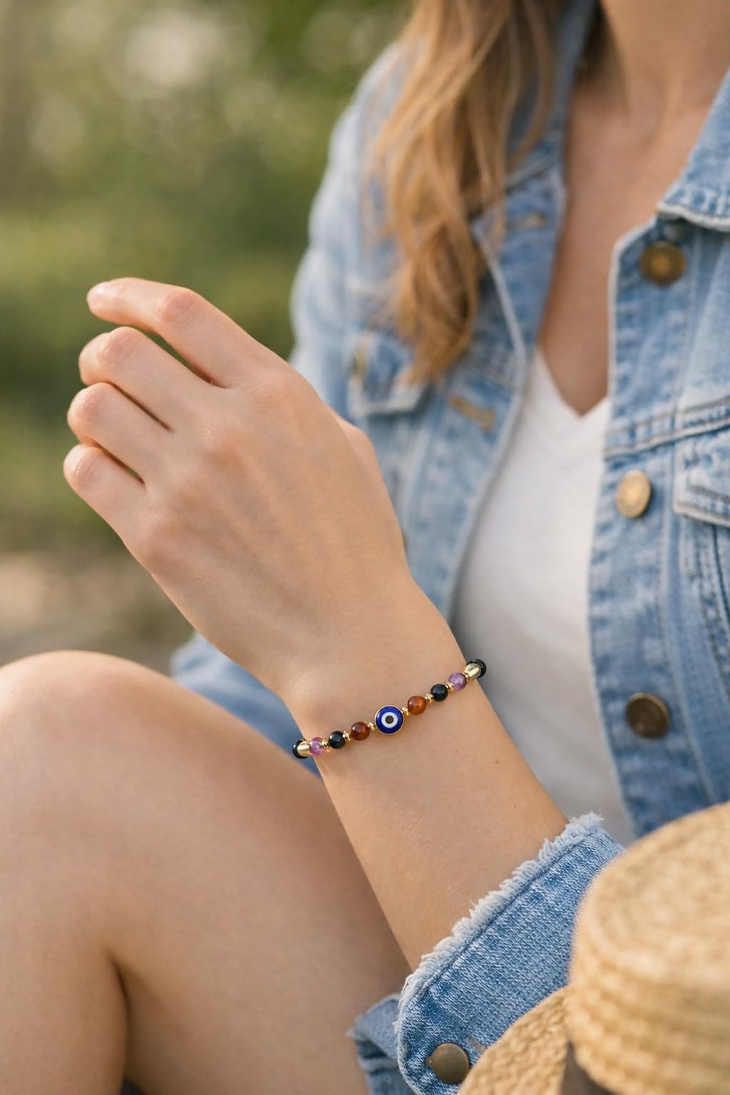 TUQBA Evil Eye Bracelet Healing Stones for Women Baptism Birthday Jewelry Clear Quartz, Amethyst, Tourmaline, Tiger Eye for Friend, Sister, Mom, Christmas Gift, Mothers Days Gifts