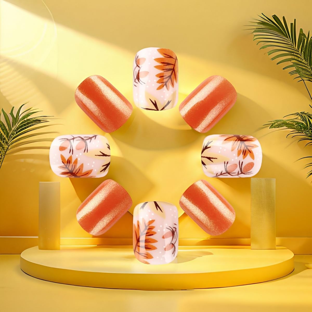 Thanksgiving Press on Nails Short Square Fake Nails Maple Leaves False Nails Holographic Full Cover Acrylic Nails with Glitter Design Stick on Nail Orange Glue On Nail for Women Girl Manicure 24Pcs