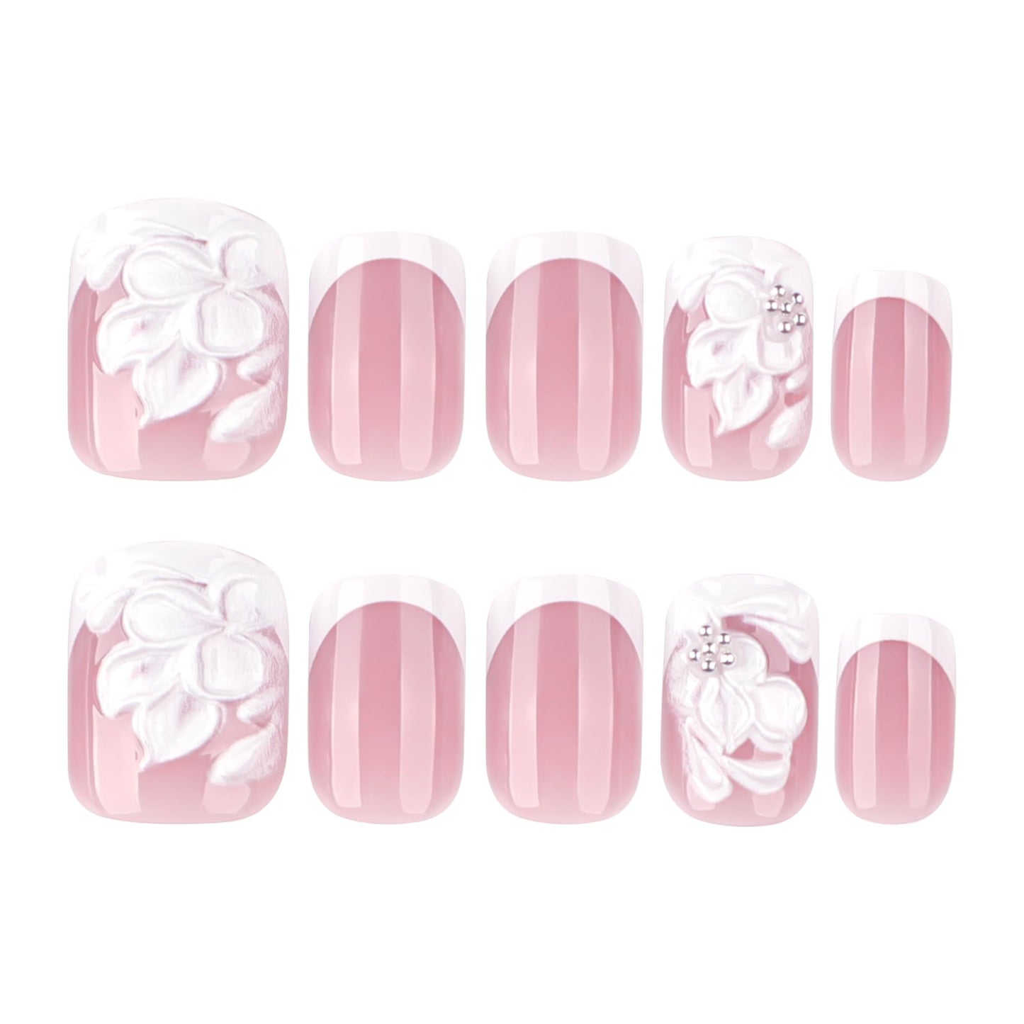 OCOUYVD 24 Pcs 3D Flower Press-on Nails White French Tip False Nails Embossed Floral Steel Ball Designs Spring Short Square Glossy Acrylic Nails Full Cover Stick-on Nails for Women Nail Art