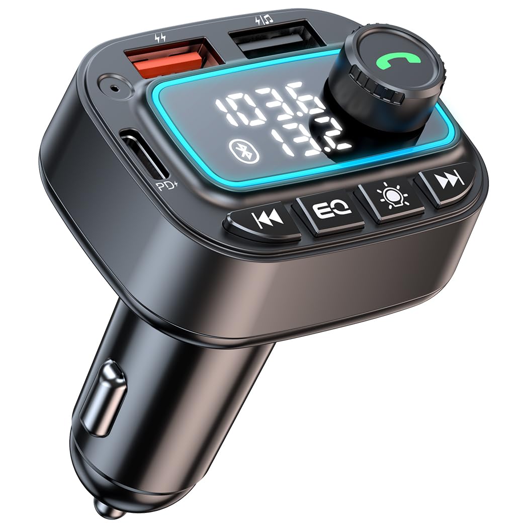 Bluetooth 5.3 Car Adapter FM Transmitter, 42W (PD30W & 12W) USB C Car Charger Wireless Radio Receiver, Hands-Free Calling MP3 Audio Player Cars Kit, Light Switch & Fast Charging & Deep Bass (Black)