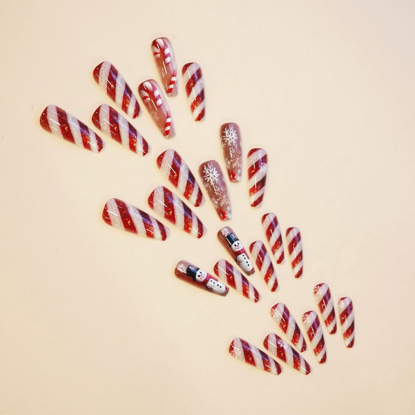 Christmas Press on Nail Long Long Coffin Fake Nails Red Sripe with Snowflake Snowman designs Cute False Nails Glossy Full Cover Winter Xmas Press ones Reusable Gel Glue on Nails for Women Holiday24pcs