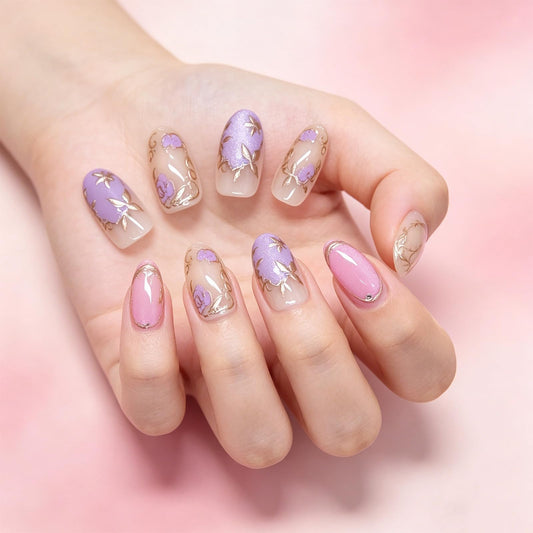 3D Gold Leaf Press on Nails Glossy Purple Rose Flower Medium Almond Fake Nail Floral False Nails with Summer Design Sparkly Stick on Nail Rhinestone Glue on Artificial Fingernails for Women Wear