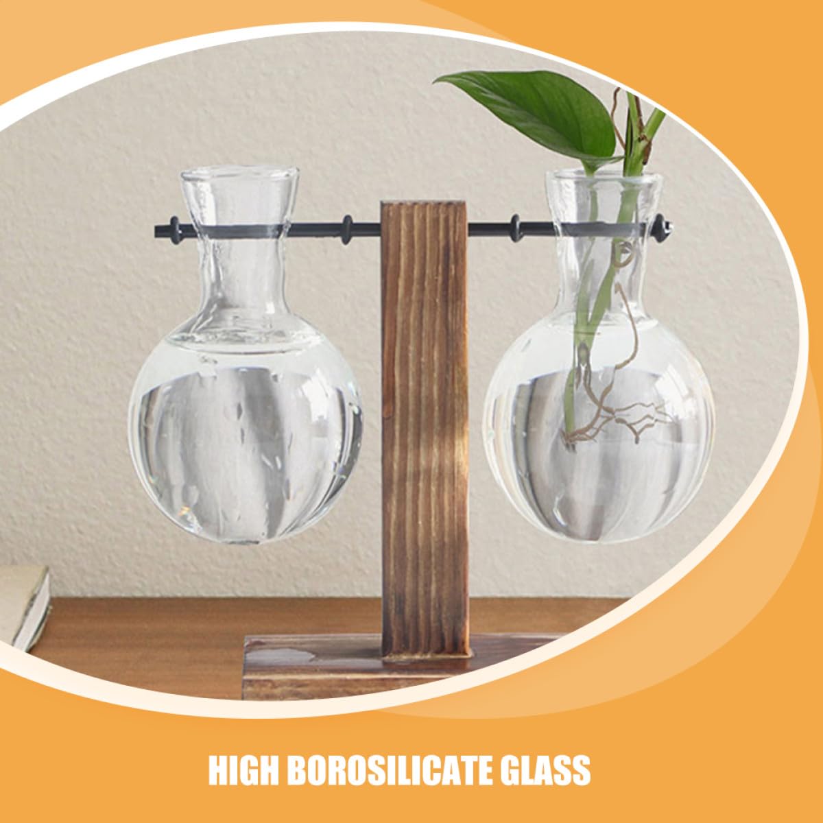 OSOLADY 3Pcs Hydroponic Glass Vase Set with Wooden Stand, High Borosilicate Glass Propagation Planter Jars for Desktop Terrarium and Plant Display