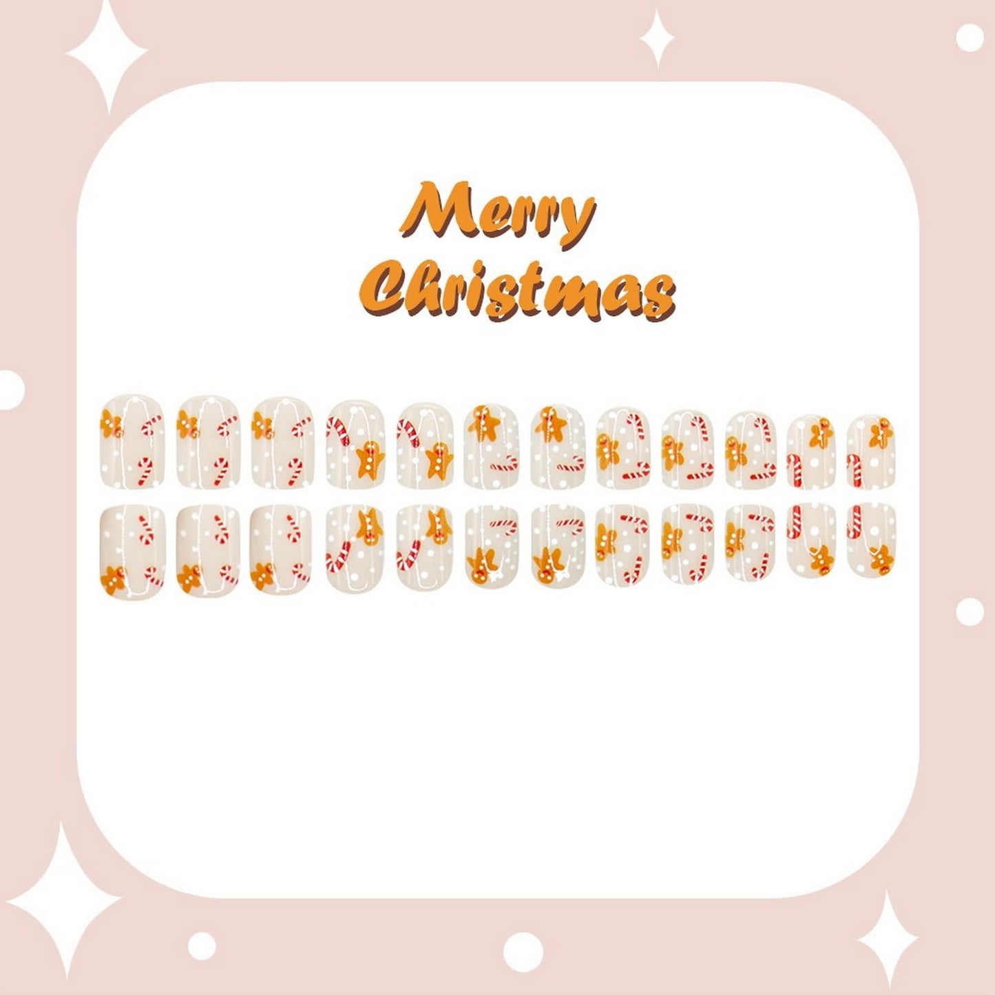24 Pcs Christmas Press on Nails Short Square Fake Nails False Nails with Designs Cute Gingerbread Man Crutch Snowflake Full Cover Glossy Glue on Nails Xmas Acrylic Nail for Women Girls