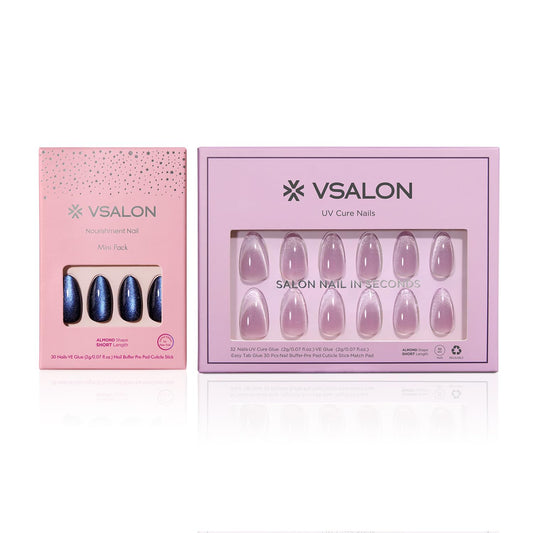 VSALON Press on Nails Almond - Deep Blue Cat Eye & Ombre Lavender Cat Eye French Tip