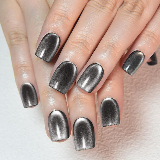 evpct Black Silver Cat Eye Press on Nails Short Square No Glue, Short Square Stick on Nails for Women Gift, Silver Grey Gray Metallic Glitter Shimmer Reusable Press on Acrylic Fake Nail with Design