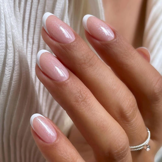 White French Tip Press on Nails - Short Almond Fake Nails - Glitter Glossy Full Cover Stick on False Nails for Women - 24 Pcs