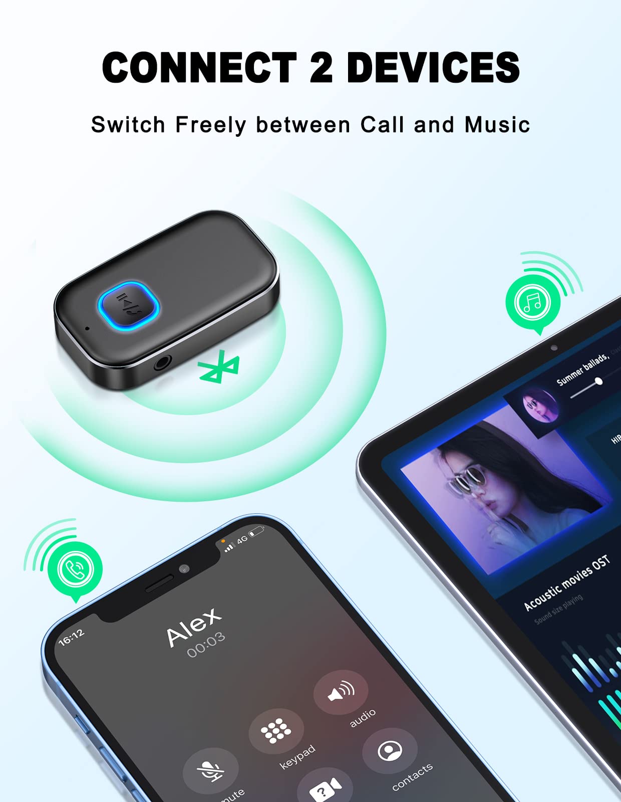 COMSOON Bluetooth AUX Adapter for Car, Noise Reduction Bluetooth Receiver for Music/Hands-Free Calls, Wireless Audio Receiver for Home Stereo/Speaker, 16H Battery Life/Dual Connect (All Black)