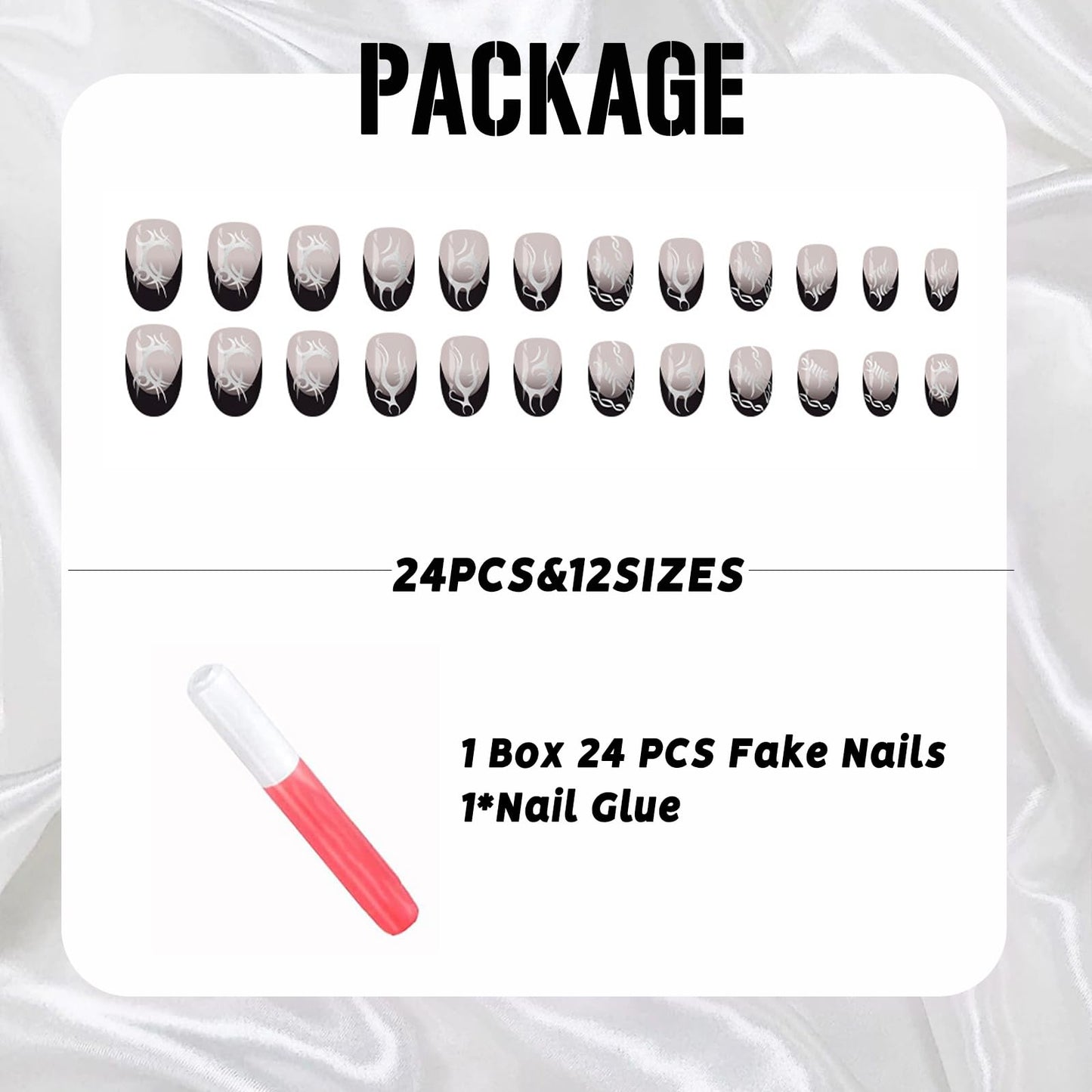 IMSOHOT Short Press on Nails Oval Black French Tips Fake Nails with Silver Totem Designs Round Full Cover Glossy Acrylic Gothic Glue on False Nails for Women 24Pcs