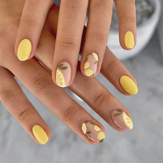 Summer Lemon Press on Nails Short Oval Fake Nails Yellow False Nails Press ons with Design Reusable Artificial Nails Glossy Full Cover Glue on Nails Stick on Nails for Women Girls Manicure 24Pcs