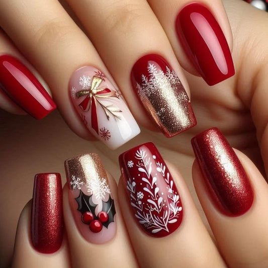 24Pcs Christmas Holly Press on Nails Red Coffin Fake Nails Gold Glitter Tip Medium False Nails with Bow Snowflake Full Cover Glue on Nails Xmas Winter Acrylic Nail for Women Holiday Manicure Kit