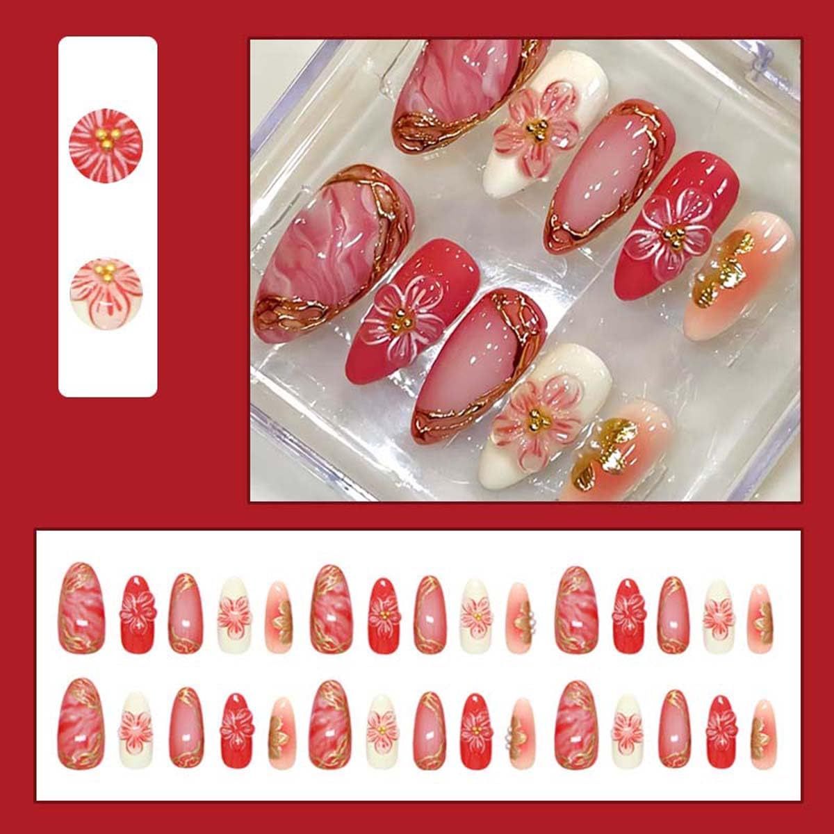 LINMEIZAI 24 Pcs Blossom Press on Nails Short Almond French Fake Nails Press ons Nail Tips Marble Glue on Nails Spring Acrylic Nail Kit with 3D Gold Trim Design False Nails Sticker Nail Art for Women
