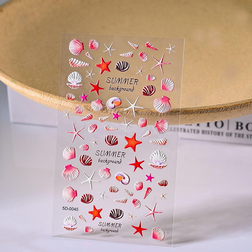 Teilihai 4 Sheets 5D Embossed Ocean Style Nail Art Stickers Starfish Seashell Design Nail Stickers Coconut Tree Nail Art Decals for Nails Decoration, Self Adhesive Nail Supplies for Women and Girls