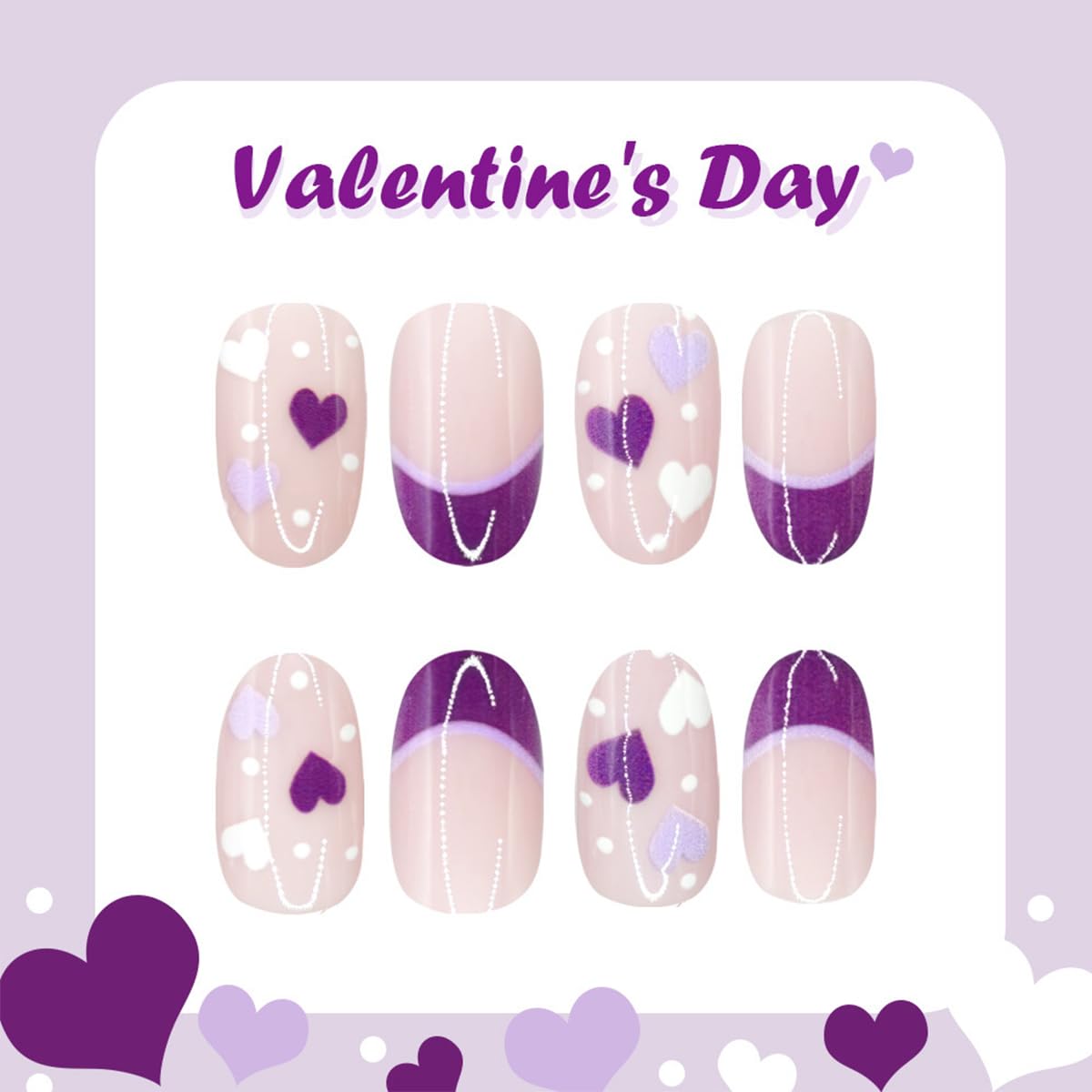 Valentines Hearts Press on Nails Short French Tip Almond Fake Nails 24Pcs Purple French Tip Small Love Polka Dot Design Glossy Acrylic Nails for Women Manicure Valentine's Day Nail Decor Supplies