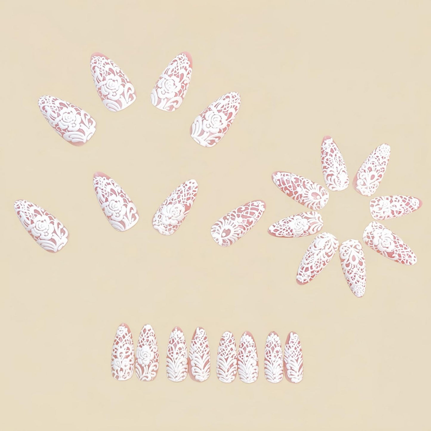 24pcs Almond Press on Nail Medium Length Fake Nails Full Cover White Lace with Flower designs Stick on Nail Glossy Fashion Press ones Spring Summer Glue on Nails for Women False Nails