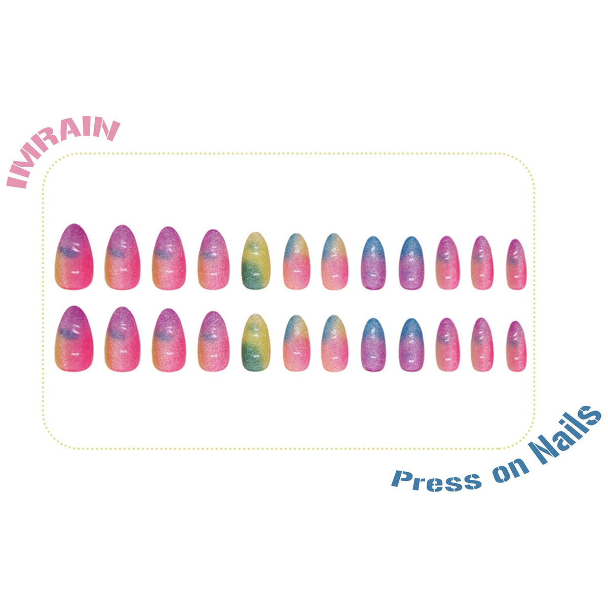 IMRAIN Rainbow Press on Nails Medium Almond Fake Nails Color Ombre Glossy Gel False Nails Full Cover Glitter Summer Stick on Acrylic Nails for Women Girls 24Pcs