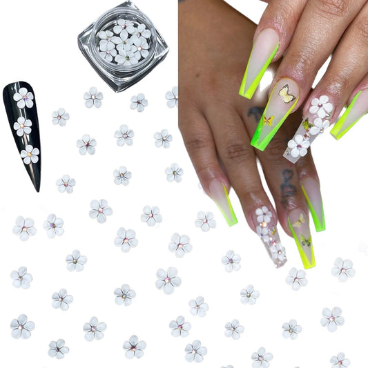 Set 30Pcs White 3D Flowers for Nails, Handmade 3D Acrylic Flowers for Nails, Flower Nail Charms Rhinestones Gems by Acrylic Powder Design Deco Nail Art Women Girls (White with Rhinestones-30Pcs)