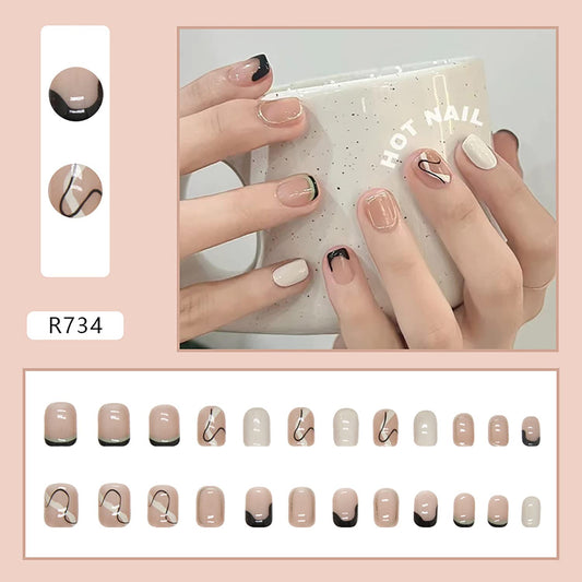 24PCS Full Cover Reusable False Nails Kits, Press on Nail Short Square Glue on Nails with Line Designs Artificial Glossy Fingernails Acrylic Fake Nails for Women Stick on Nails Coffin Shape