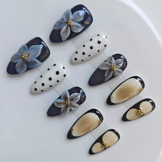 Gleamrain 10pcs Almond Handmade Press-on Nails, Medium French Tip (M Size) - With Flower and Polka Dots Design, Pink,Suitable for Women Girls for Daily, Parties, Holidays and Proms,D209