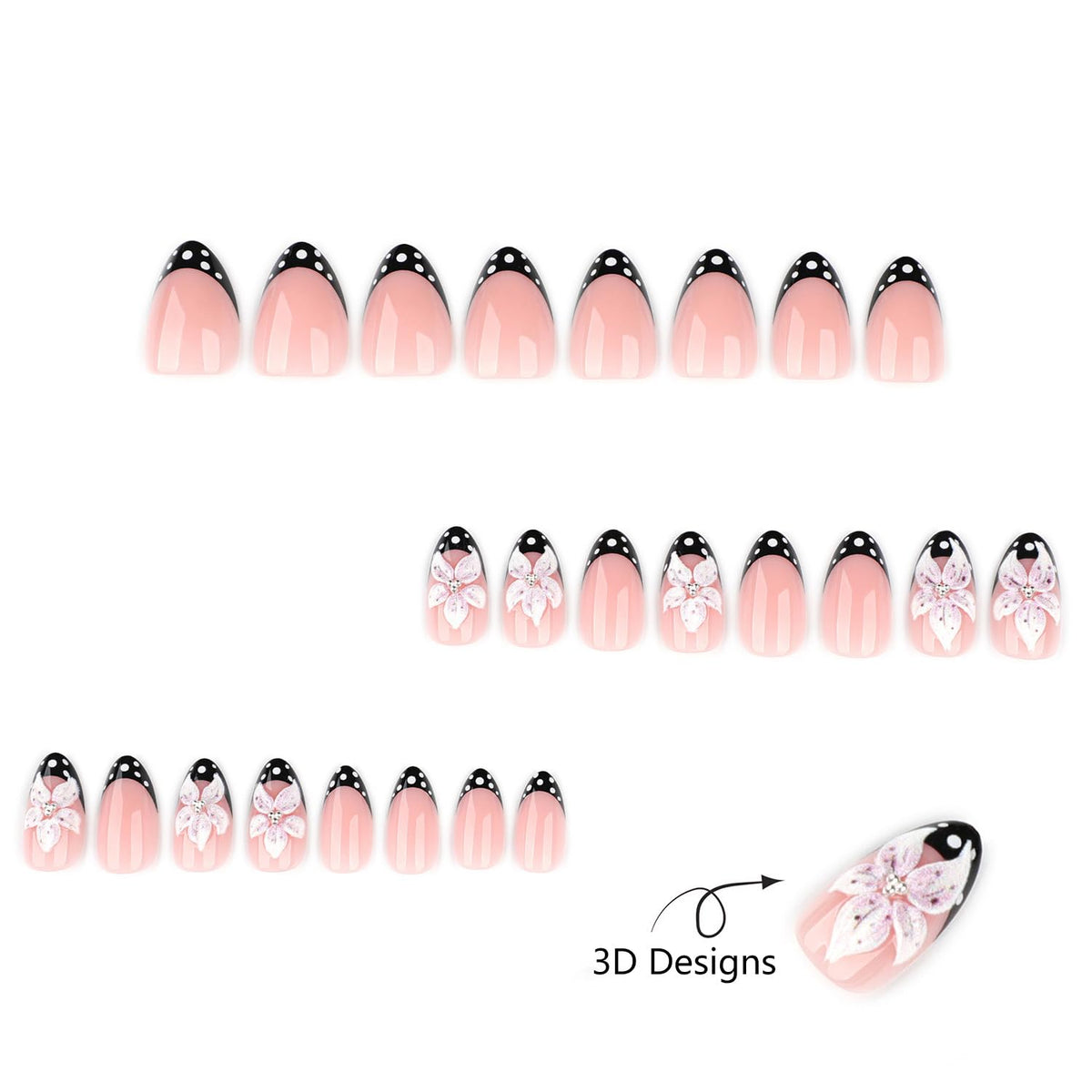 3D Flower Press on Nails Black French Almond Fake Nails with White Polka Dot Tip Cute Spring Glue on Nails,Nude Pink Full Cover Stick on Nails Polka Dot Nails Press ons for Women